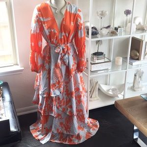 Tropical deep v neck waist belt Long back zipper!